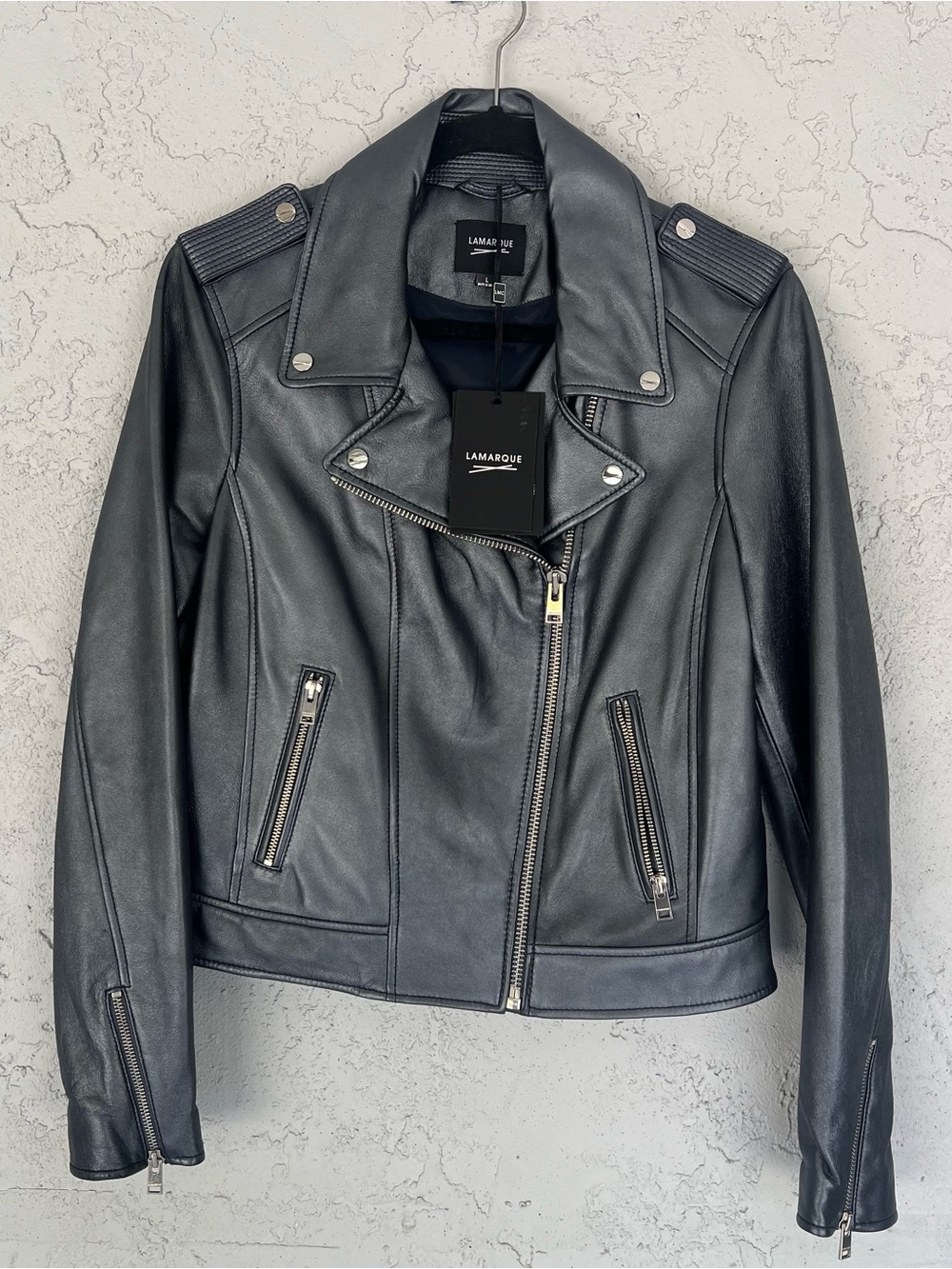 LAMARQUE Leather Moto Donna Jacket Metallic Blue Slate Lamb Leather Size Large